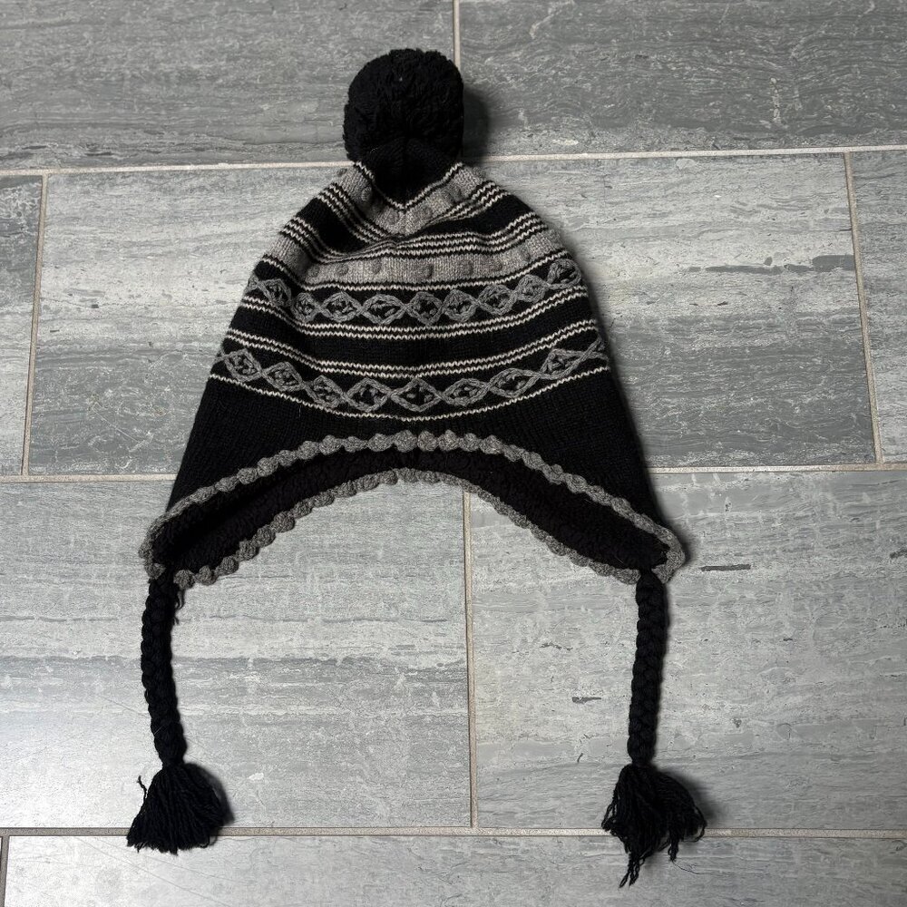 J.Crew Wool Knit Tassel Pom Pom Hat with Ear Flaps Black/Gray One Size